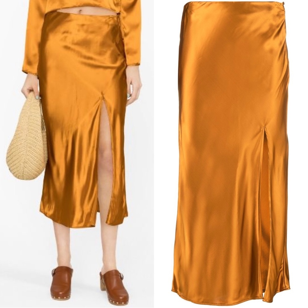Forte Forte Front Slit Satin Midi Skirt Size Large Amber Orange